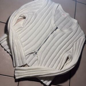 ROMWE Cream Ribbed Zip-Up Cardigan